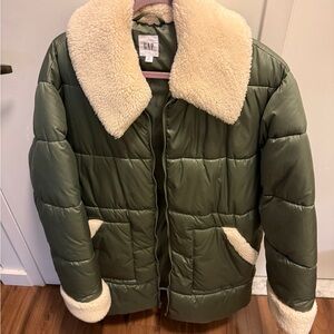 GAP Olive Puffer Jacket with Cream Sherpa Accents